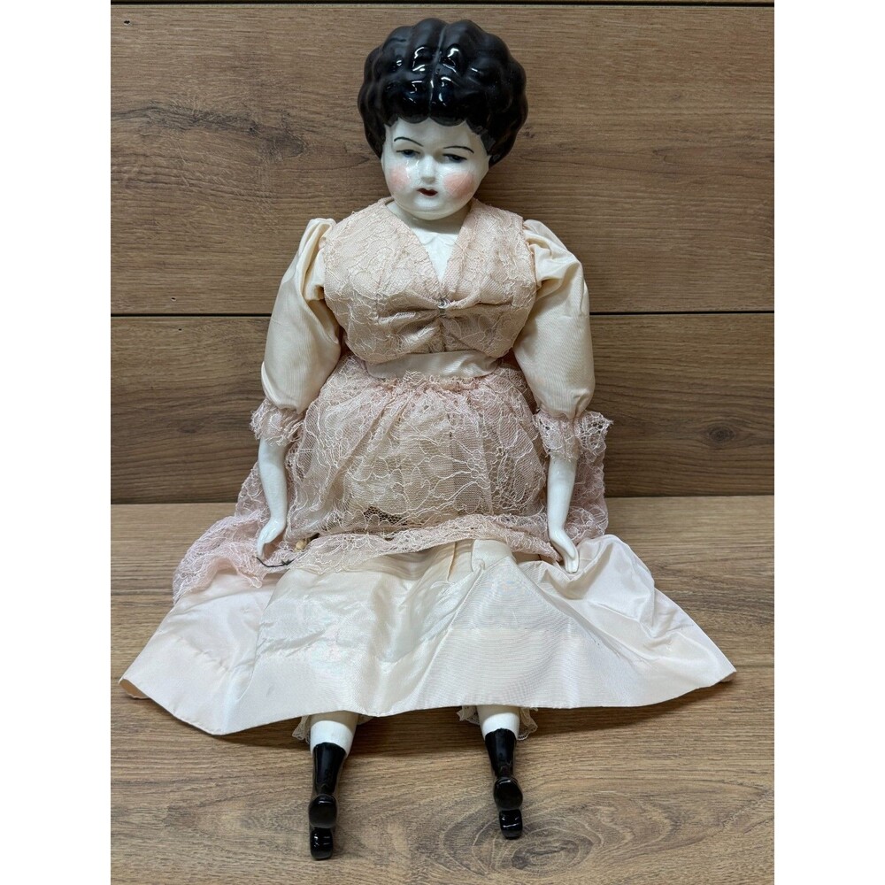 Vintage China Doll Head & Shoulder & Limbs Cloth Body 20” Pink Dress